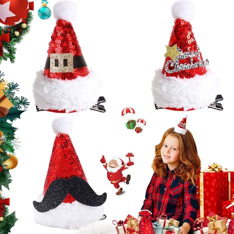Barrettes noel Paillettes Chapeau de père noël épingles à Cheveux Épingle Enfants Fête Cadeaux A 3 Pièces (1/5)