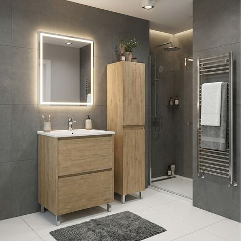 Ensemble meuble vasque L.60cm + 1 colonne sur pied 2 tiroirs Chêne naturel LISBONA (1/5)