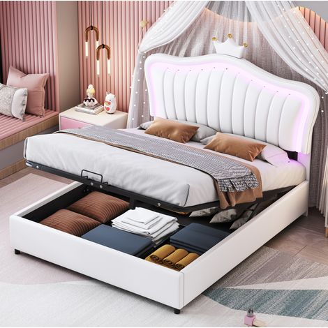 letto contenitore 140x200 LED corona bianco cameretta HAVRYA (1/5)