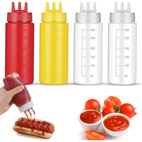Lot de 4 bouteilles à condiments pour sauces, 300 ml, ketchup, ketchup, 3 trous, en plastique, pour sauce, ketchup, moutarde, sirop, barbecue, loisirs créatifs (1/5)