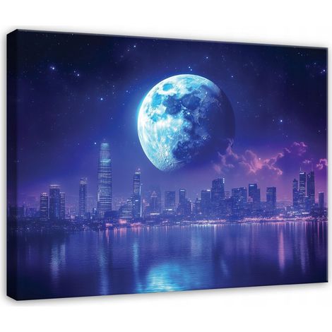 Leinwandbild Nachtstadt mit Mond, urbanes Panorama für Schlafzimmer und Wohnzimmer, hochauflösender Druck, 40 x 30 cm