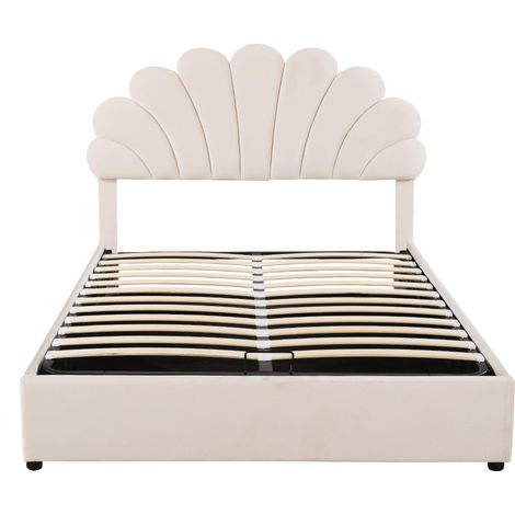 Lit rembourré 140 x 200 cm, avec tête de lit fleurie et sommier à lattes, tête de lit réglable en hauteur et rangement hydraulique, lit double junior, tissu velours doux pour la peau, beige (1/5)