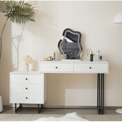 Coiffeuse 100x40x76 cm blanche en panneaux de particules avec miroir LED dimmable et 5 tiroirs (1/5)