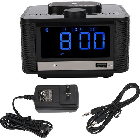 Réveil numérique Bluetooth avec haut-parleur, radio, charge sans fil 110-240V, prise américaine, noir (1/5)
