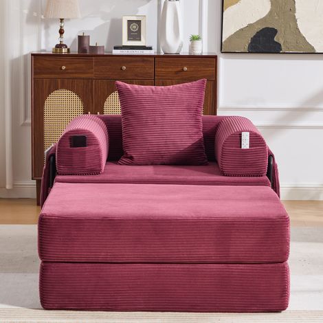 Fauteuil - 1 Place - Velours Côtelé - Pouf Inclus & Coussins Inclus & Pochettes Latérales - 112 x 190 x 67 cm - Moderne - Bordeaux (1/5)