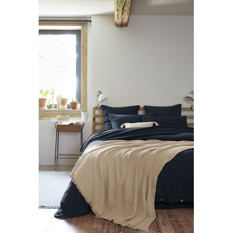 Plaid à franges 180 x 220 cm – Double gaze de coton GAÏA Ficelle