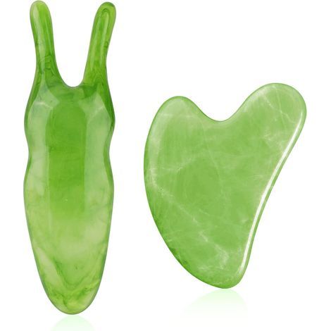 Lot de 2 outils Gua Sha pour le visage, planche de massage Gua Sha en jade naturel, outil de massage Gua Sha pour le visage, les joues et le nez, pierre de massage pour le corps, vert (1/5)