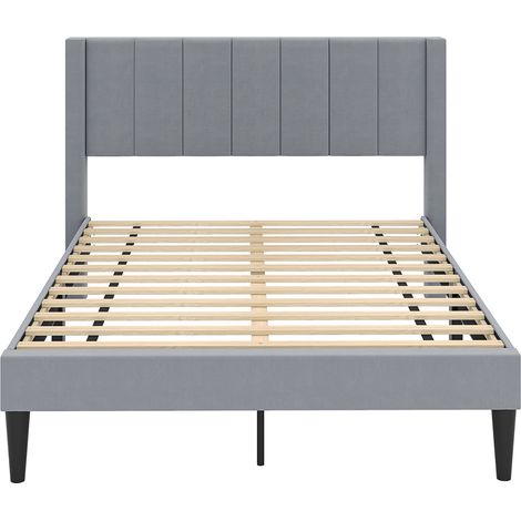 Cadre de Lit Double, Sommier Tissu Velouté avec Tête de Lit, Support Lattes en Bois, Patins Réglables, 200 x 140 cm, Charge 250 kg, Gris, Style 1 (1/2)