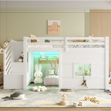 Lit mezzanine 90x200 cm avec escalier de rangement et fenêtre, avec LED, en bois, blanc, sans matelas (1/5)