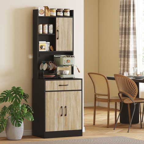 MODFU - Aparador de cocina 60x40x180 cm, mueble de almacenaje con encimera y pasacables, paneles de melamina, madera natural y negro (1/5)