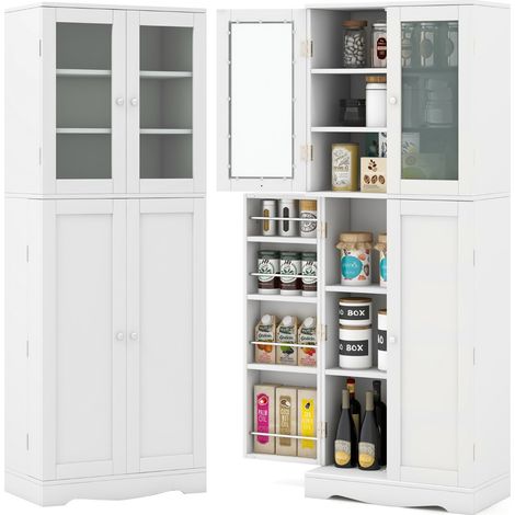 Credenza  Mobile dispensa da cucina alto 161,5cm con ante in vetro ripiani di stoccaggio, Armadio dispensa per alimenti Bianco (1/4)