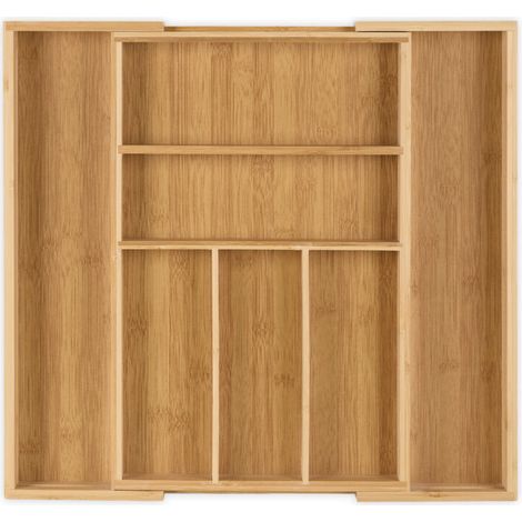 Relaxdays – Range-couverts extensible en bambou et MDF – 5 à 7 compartiments – Dimensions H 5 x L 48 x P 46 cm – Résistant à l'humidité (1/5)