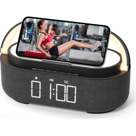 Réveil intelligent (noir) - Chargeur sans fil 15 W, haut-parleur Bluetooth, radio FM et veilleuse LED (1/5)