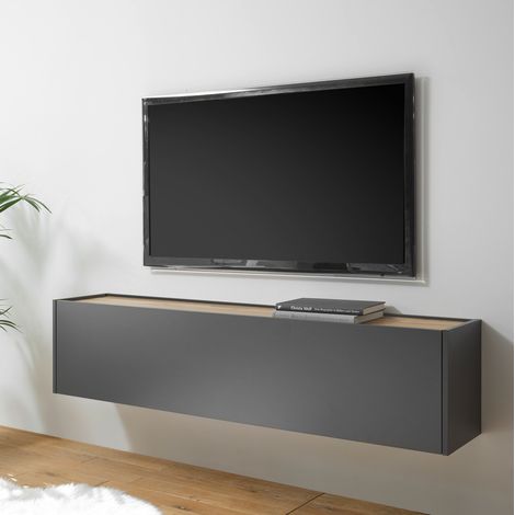 Wohnzimmer TV Hängeschrank CRISP-61 in anthrazit mit Absetzungen in Wotan Eiche Nb., B/H/T: ca. 150/35/30 cm (1/4)