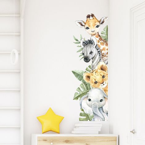 Autocollants muraux animaux de la jungle de dessin animé, feuilles vertes de zèbre de girafe, adaptés à la décoration murale de la chambre d'enfants (1/4)