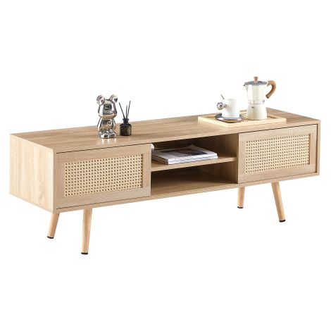 Meuble TV tressage rotin doubles coulissants, pieds bois massif H45 L140 P40 cm (1/5)