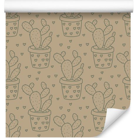 Papier peint cactus beige, fond beige pour salon et chambre 50x1000 cm (1/5)
