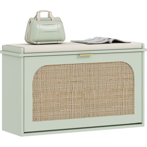 Light Green Boho Style Shoe Bench with Comfortable Padded Seat and Flip-Drawer Storage Solution (1/5)