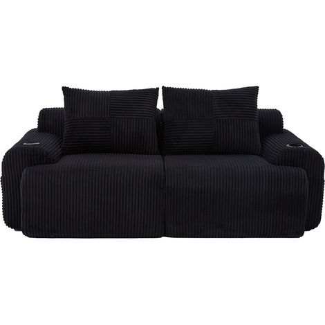 Canapé modulable 2 places en velours côtelé noir avec porte-gobelets et poche latérale (1/5)
