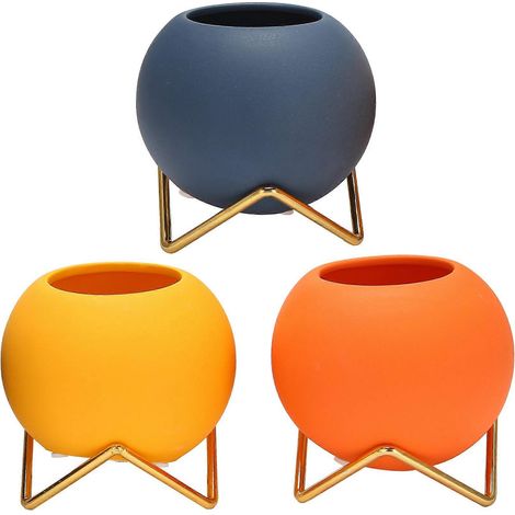 Set aus 3 kleinen Blumenvasen, runde, moderne Keramikvasen in Gelb, Blau und Orange zur Wohnzimmerdekoration, perfekt für künstliche Blumen. (1/5)