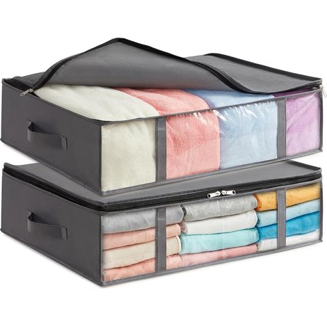 Sacs de Rangement sous Lit, Boite Rangement Vetement Pliable, Housse Rangement Couette, Organisateur Placard avec Fenêtre Transparente pour Serviettes, Couvertures, Gris, 40 L, Lot de 2 (1/5)