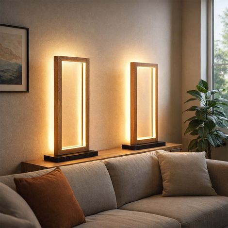 LED Tischleuchte Holz Nachttischlampe Modern Designleuchte Holz schwarz, Metall, 12W 450Lm warmweiß, LxBxH 25x15x52,5 cm, 2er Set