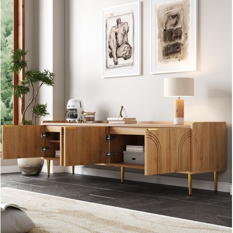 Meuble TV 170x35x47.5 cm naturel en MDF avec rangements, poignées dorées et pieds métalliques (1/5)