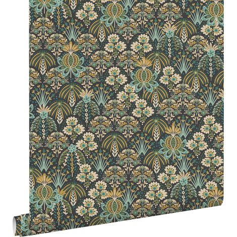 papier peint fleurs vintage de style art nouveau vert grisé, bleu et beige  - ESTAhome (1/5)