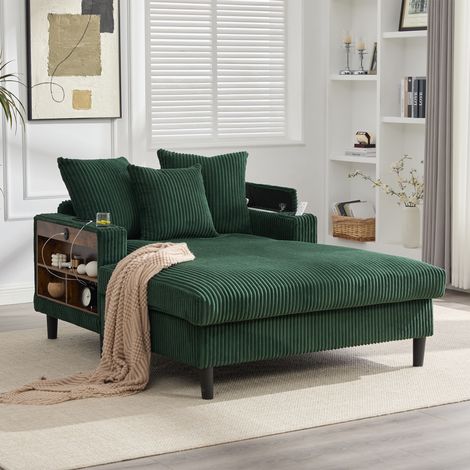 Méridienne velours côtelé avec LED USB, fauteuil relax chaise longue rangement, 2 porte-gobelets et poche, 129x170x70 cm, vert émeraude