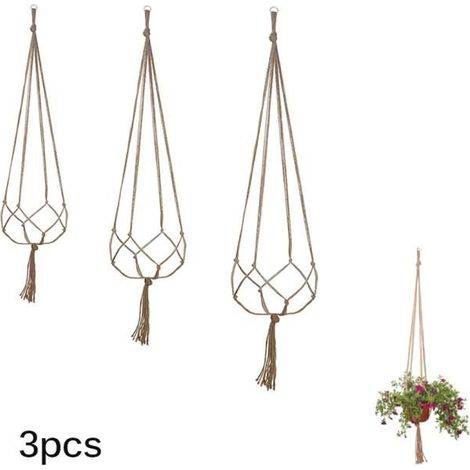 3 pièces Creative Plant Hanger Naturel Jute Chanvre Macrame Corde Fleur Pot Plante Suspendue Porte-Panier avec Porte-clés D-Ywey (1/4)