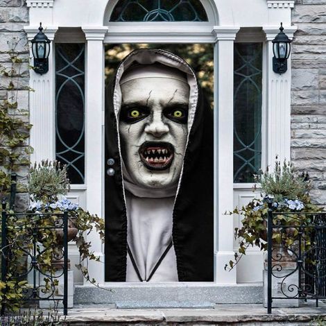 Autocollants de porte 3D pour nonne d'Halloween, 77 x 200 cm, papier peint réaliste et effrayant pour porte, décoration d'Halloween (1/5)