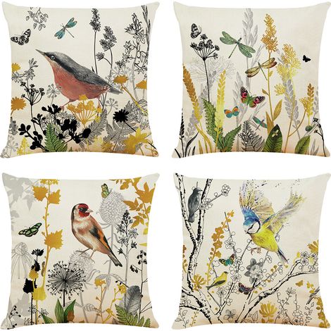 Lntyq Lot de 4 housses de coussin carrées à motif de fleurs et d'oiseaux pour canapé, salon, chambre à coucher, bureau, porche, 45 x 45 cm
