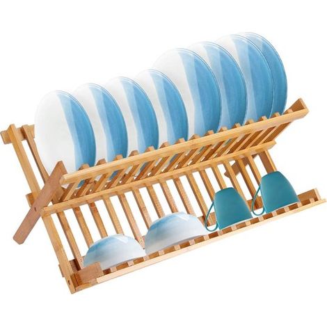 Scolapiatti pieghevole a doppio strato in bambù e legno, portaoggetti per stoviglie da cucina, 45,524,5 cm, design cavo (1/5)