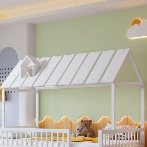 Lit en forme de maison avec lit gigogne, toit avec corniche de cheminée, lit d'enfant, lit d'adolescent, avec barrières sur 3 côtés, pin + MDF, blanc, lit cabane enfants, lit enfant avec sommier (1/5)
