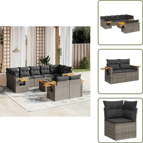 The Living Store Salon de jardin avec coussins 10 pcs gris résine tressée - Ensemble Salon De Jardin - Meuble Extérieur - Résine Tressée - Rotin Synthétique - Fauteuil Jardin