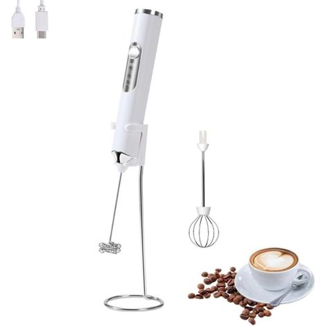 Mousseur à lait électrique portable avec 2 têtes, fouet mélangeur à mousse avec USB rechargeable 3 vitesses, (Blanc avec support) (1/5)