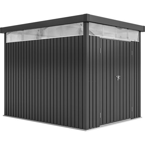 4,9 m² großer Gartenschuppen aus verzinktem Stahl mit Abflusslöchern und transparenten Acrylfenstern, Geräteschuppen mit Dach, abschließbarer Tür, Schlüsseln und Handschuhen, Dunkelgrau.