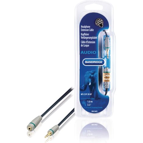 Bandridge Cable de extensión macho - hembra 3,5 mm, de 1.00 m de longitud ,ideal para auriculares, color azul, contactos chapados en oro de 24k (1/5)