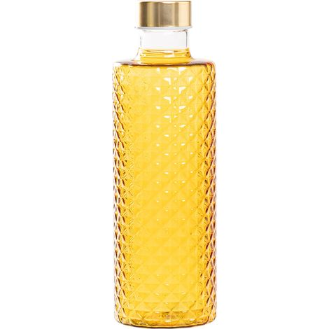 Isolano Bottiglia di Design in Vetro Borosilicato Soffiato a Mano Effetto Diamantato Colore Giallo Oro con Tappi Satinati Oro e Argento Elegante