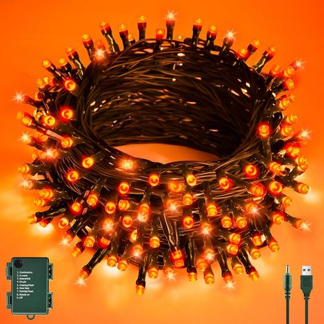 Halloween Decoration Guirlandes Lumineuses, 6M 60LED Orange Guirlandes Lumineuses USB/Batterie avec Minuterie Étanche, Decoration pour Halloween, Extérieur, Intérieur Automne - Fil Vert