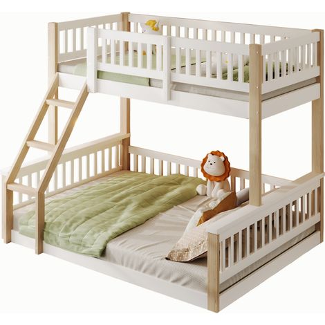 Letto a castello 90x200 cm + 140x200 cm con scala, sponde di sicurezza, stile semplice bianco e naturale, senza materasso, per cameretta bambini  CHICFURN (1/5)