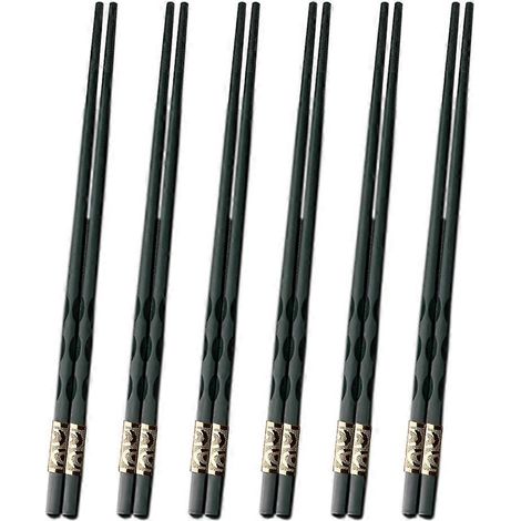 Lot de 6 paires de baguettes en fibre de verre, baguettes réutilisables en alliage, baguettes antidérapantes, baguettes à fil doré - Vert foncé (1/5)