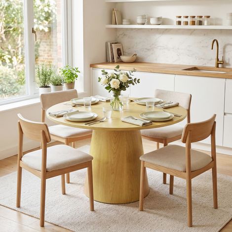 GARVEE -Table à Manger Ronde 110cm pour 4-6 Personnes, Design Moderne Bois avec Piètement Central Stabilisateur, Gain de Place(Bois) (1/5)
