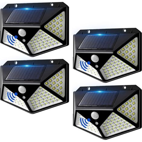 Luce solare da esterno a 100 LED, 3 modalità, impermeabile con sensore di movimento, angolo di fascio di 270°, luce bianca fredda 6500K, per patio, balcone, corridoio, giardino, 4 pezzi