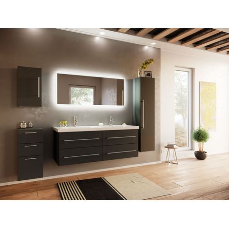 Badmöbelset Persepolis XL 5-teilig LED Spiegel Seiten, Hoch und Midischrank grafit (1/5)