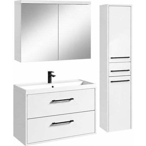 Badplaats Set Mobile Bagno Florence 80 x 40 cm - Bianco Lucido - con Lavabo, Specchio Contenitore e Colonna (1/4)
