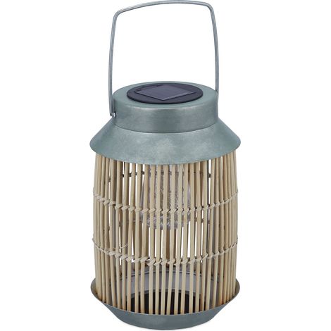 Relaxdays Farolillo Solar Exterior, Lámpara Guirnalda Led, Farol Ratán y Metal, Jardín, Balcón y Terraza, Natural/Plata