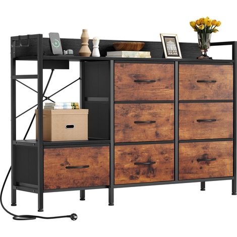 Kommode mit 7 Stoffschubladen, 2 Steckdosen, 2 USB-Anschlüssen, Braun (1/5)