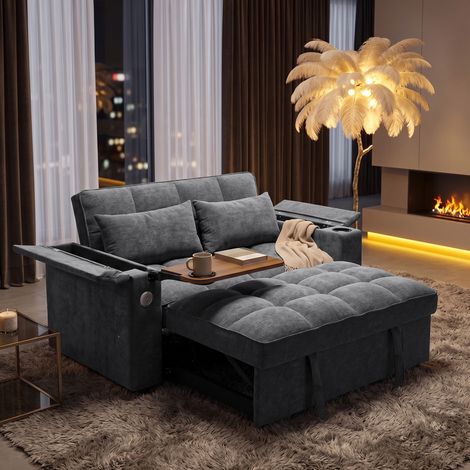 2 Seater Click Clack Sofa Bed, Pull Out Sofa Bed, Futon Sofa Recliner, with Cup Holders and Hidden table, USB & Type-C, 3-Gear Back Angle Adjustable, for Apartment, Living Room, Bedroom, Grey (1/5)