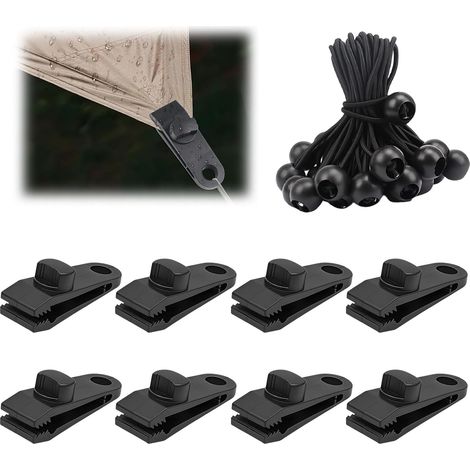 Lot de 33 tendeurs de bâche, 25 tendeurs en caoutchouc de 10 cm avec boule et 8 clips de bâche avec dents, clips de toile de tente multifonctions noirs, pour camping, maison, pique-nique (1/5)